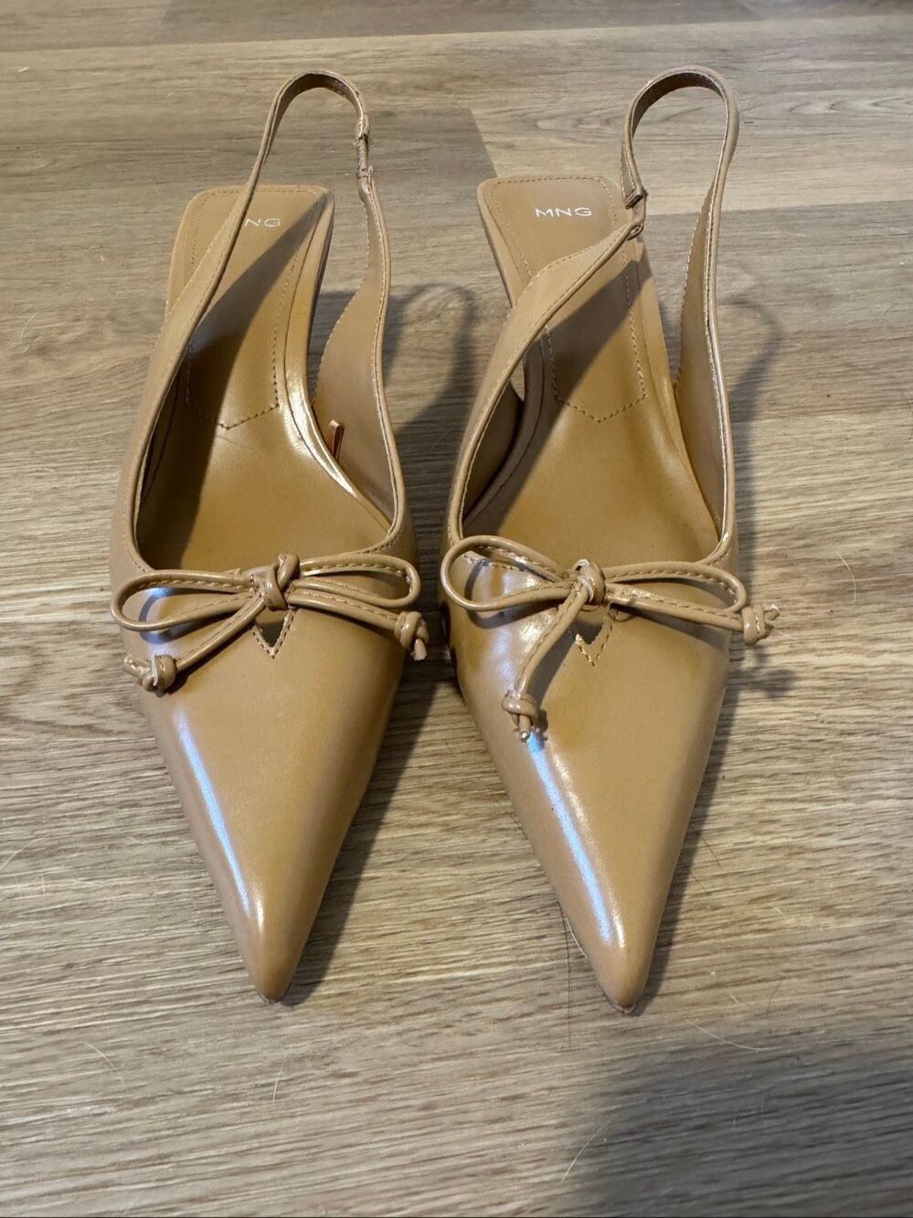 Mango MNG Patent Bow Pointed Toe Slingback Kitten Heels Camel EU 39 US 8.5 - Picture 5 of 9